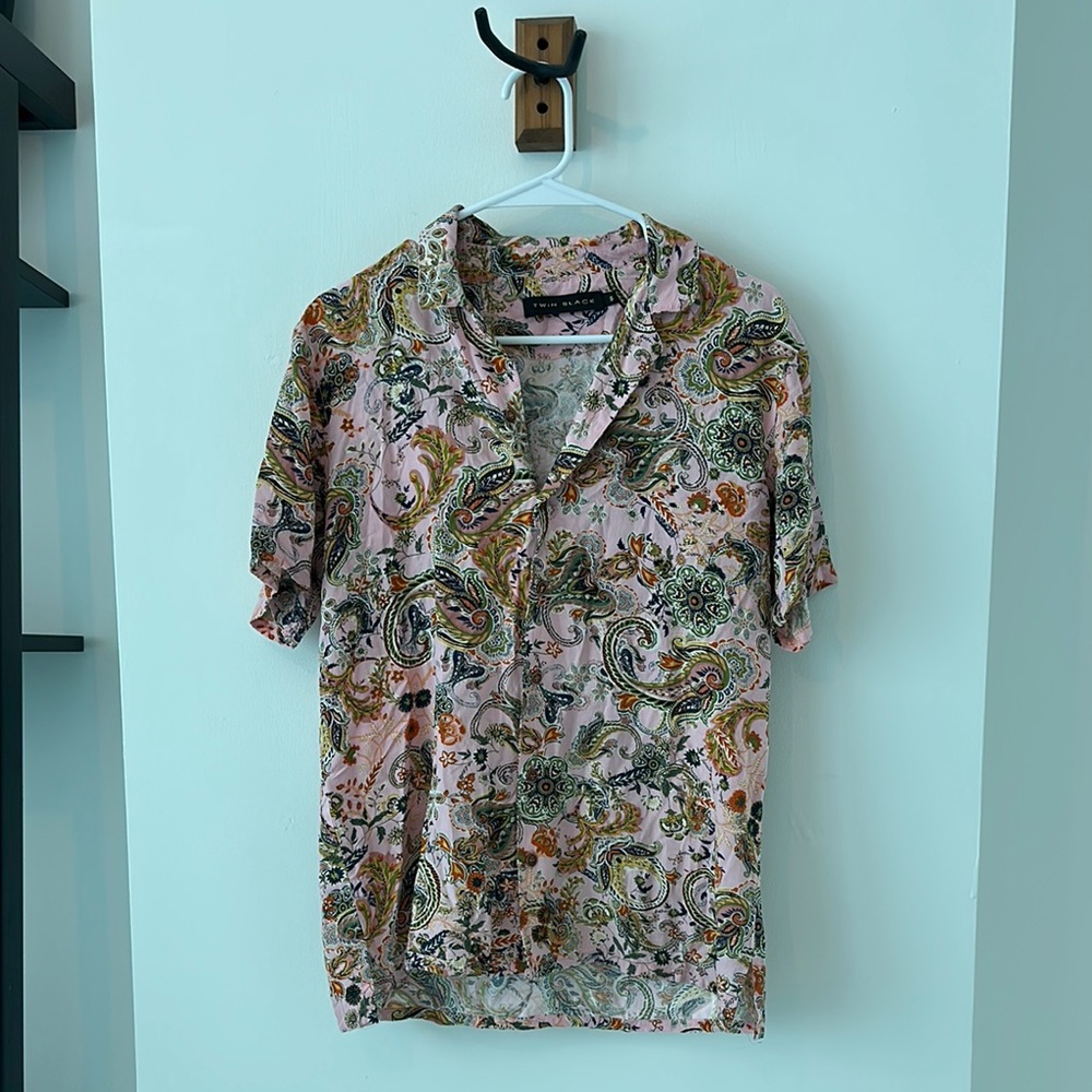 Pink and Green Casual Button Down Shirt with Floral Print